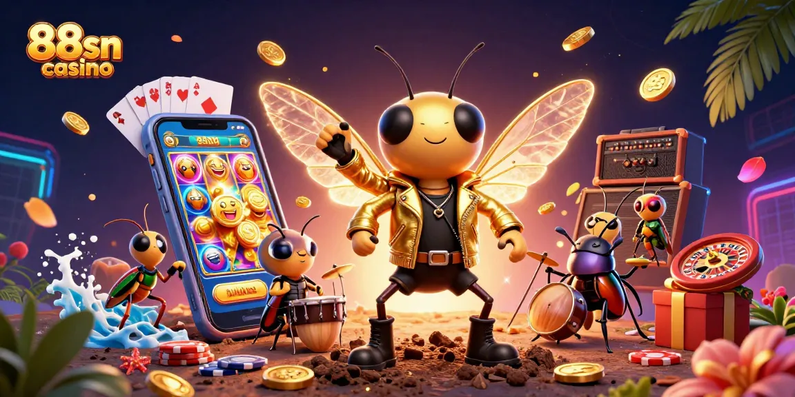 Engaging scene showcasing the 88sn casino with a cartoon cicada rock star, vibrant gaming elements, and rich details.