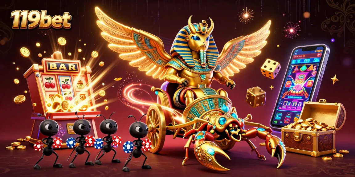 Win thrilling jackpots with 119bet's vibrant 3D casino scene featuring engaging elements.