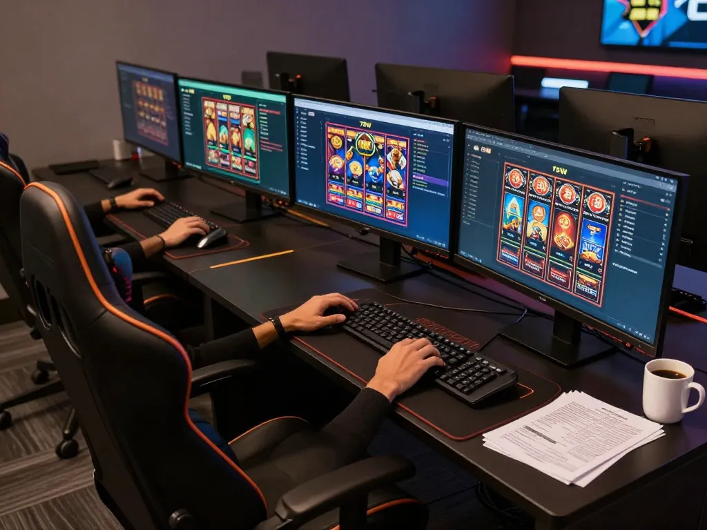 Engaged player analyzing game strategies on the 75W online gambling platform, showcasing modern gaming setup with ambient lighting