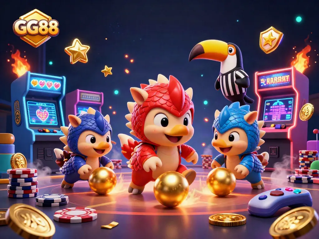 GG88 pangolins compete in a vibrant casino scene with dynamic game elements and glowing effects.