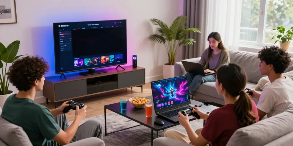 Friends enjoying GEM88 gaming in a modern living room with vibrant atmosphere.