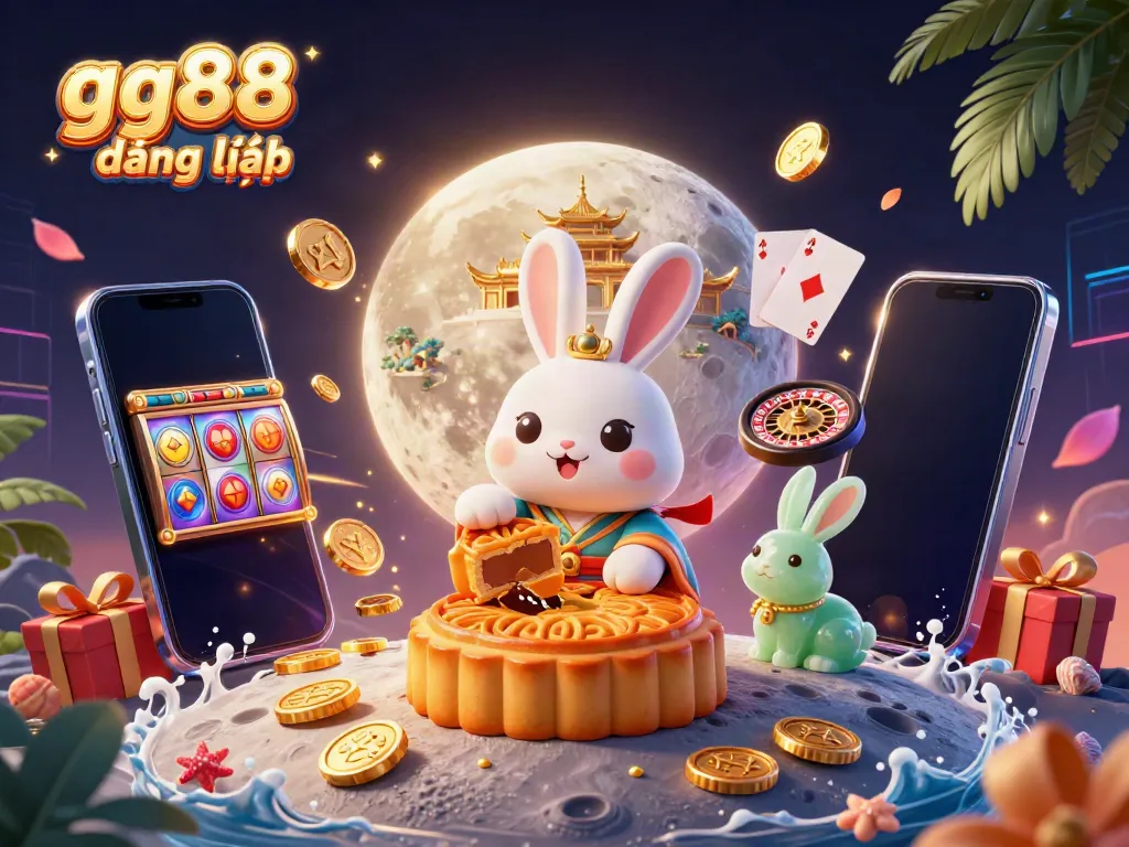 Engage with gg88 đăng nhập while enjoying a vibrant 3D scene featuring a moon rabbit and casino elements.