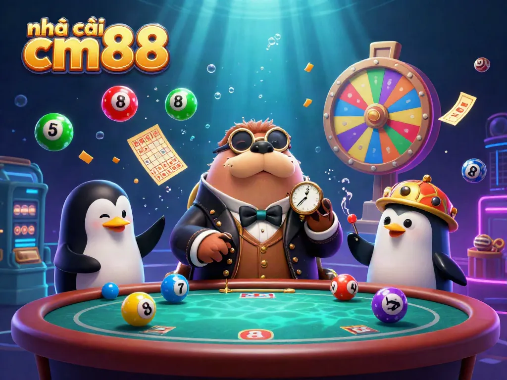 Experience vibrant gameplay at nhà cái cm88 with colorful underwater casino characters playing poker.
