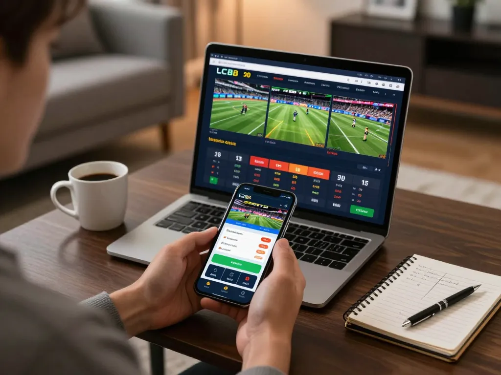 Engaging user betting on LC88 app in a stylish living room with sports events displayed.