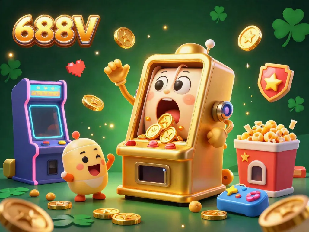 Experience the excitement of 688V as a golden slot machine hits a jackpot, surrounded by cheerful baby machines and vibrant game elements.