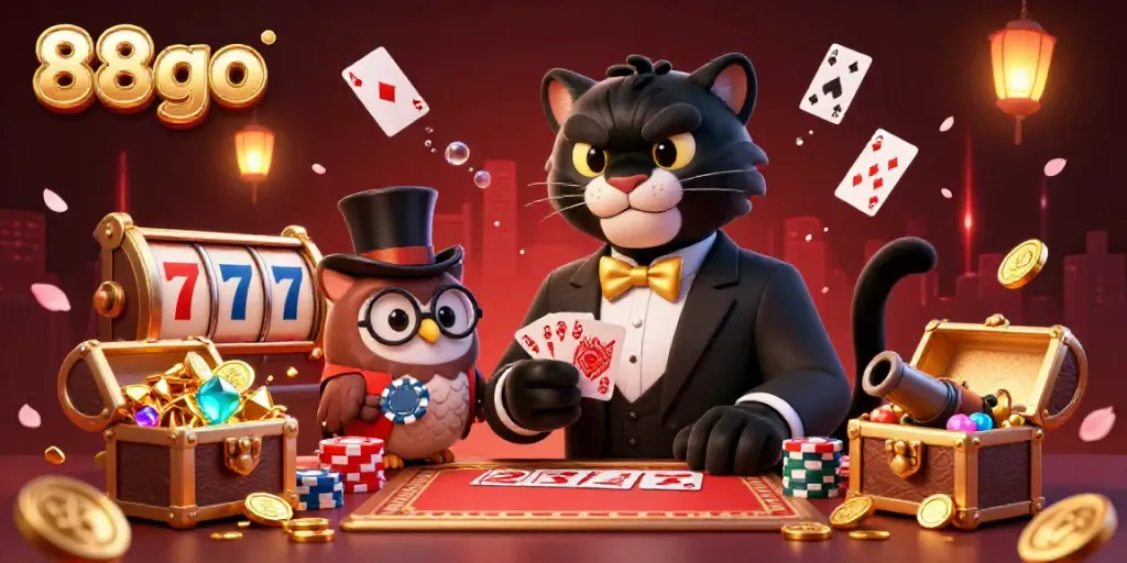 Experience thrilling card games with the 88go panther dealer in an exciting casino scene filled with treasures.