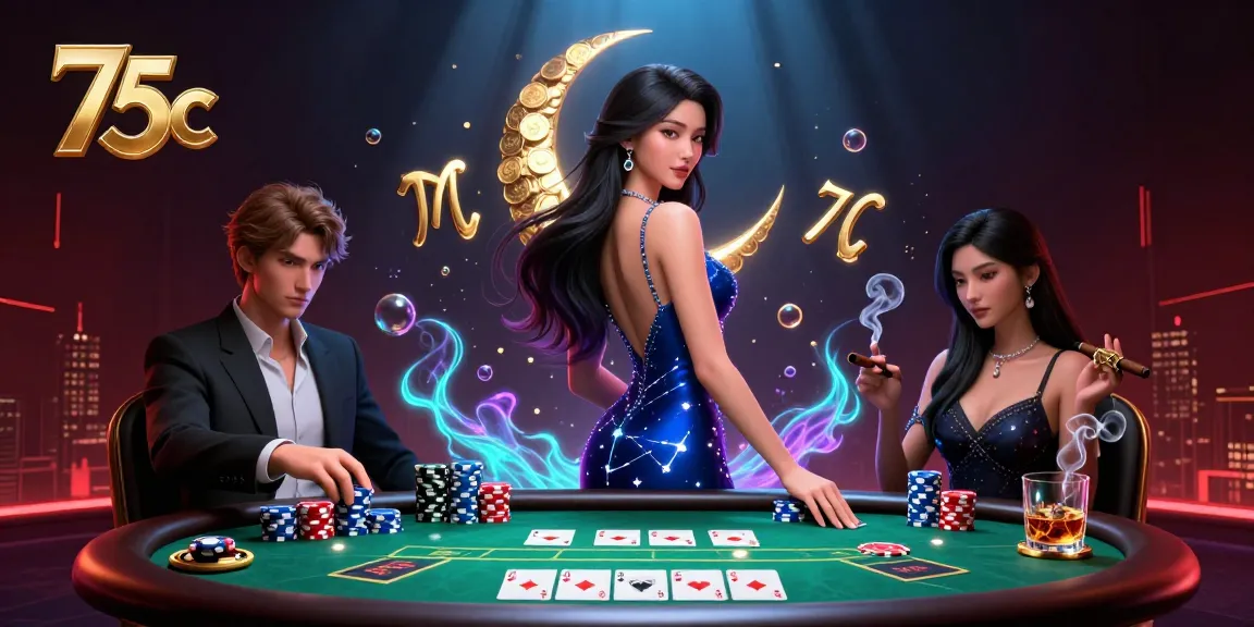 Engage with the vibrant casino atmosphere at 75c, where an elegant woman interacts with poker elements.