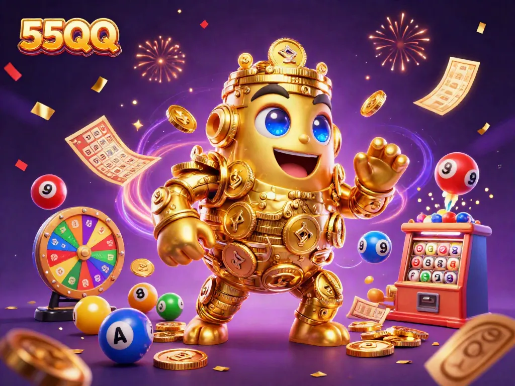 Engage with 55QQ's vibrant, dynamic casino illustration showcasing immersive gaming elements.
