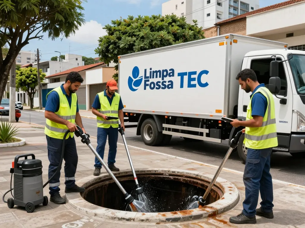 Limpa fossa em São Paulo: Team from Limpa Fossa TEC cleaning a septic tank with advanced equipment in an urban neighborhood.