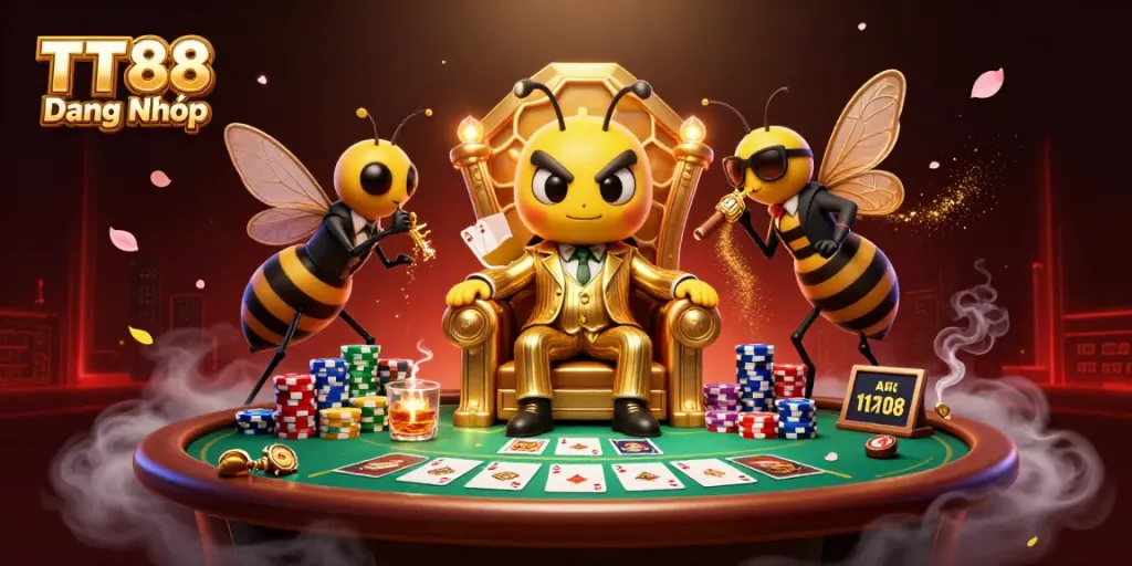 Join the excitement with TT88 Đăng Nhập, surrounded by vibrant poker action and golden elements.