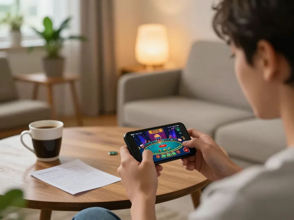 Player engaged in mobile casino app on smartphone, showcasing 33cc.info for interactive betting experience.