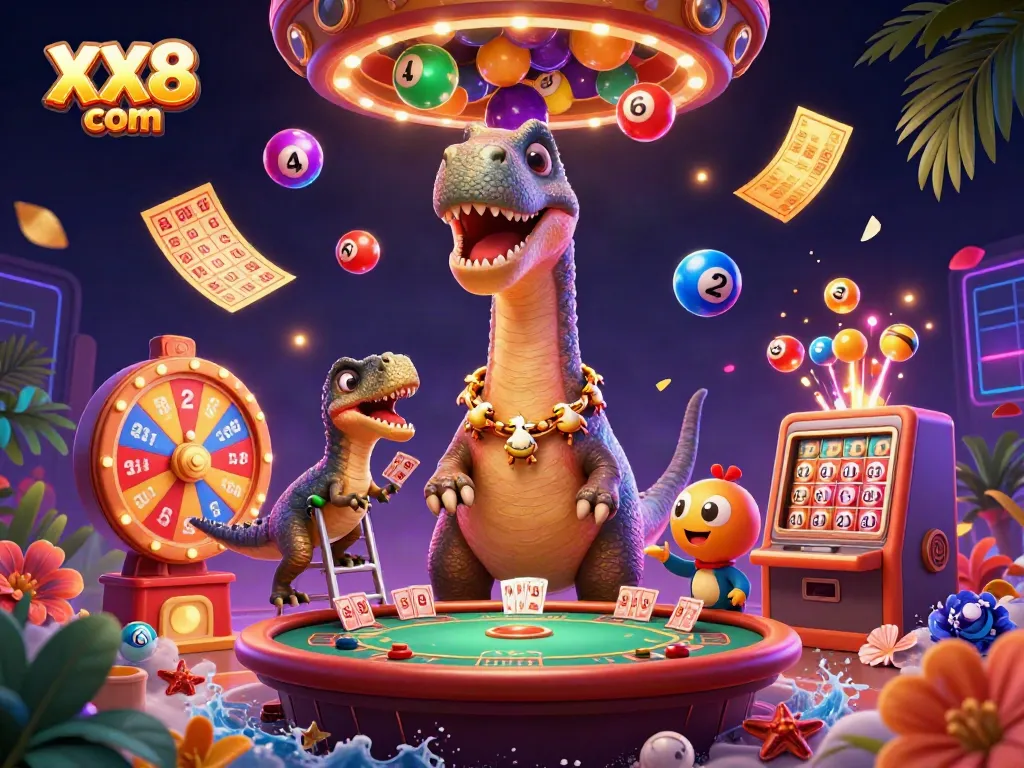 Join the thrill at XX8 com with a lively brontosaurus and raptor in a colorful gambling scene.