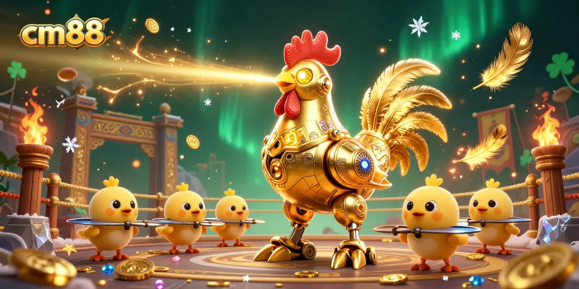 Experience thrilling betting actions with cm88's immersive 3D gaming illustration featuring a golden rooster robot and chick drones.