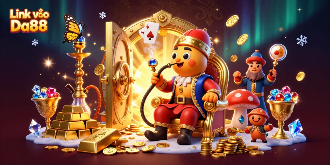 Experience the excitement with Link vào Da88 in this lavish 3D casino scene featuring vibrant characters and rich treasures.