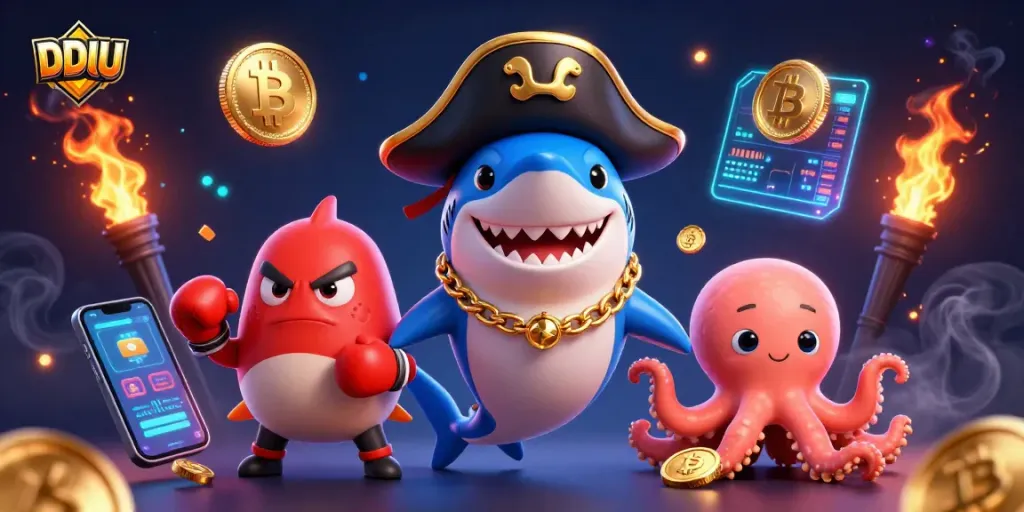 Engage in thrilling DDUU casino adventures with a pirate shark, pufferfish, and octopus amidst crypto treasures.