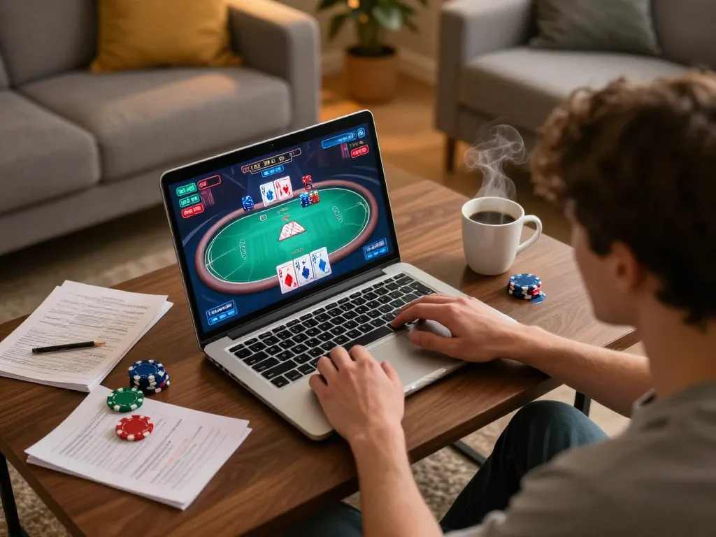 Engaging online poker gameplay on a laptop highlighting jogoluck gaming strategies in a cozy home setting.