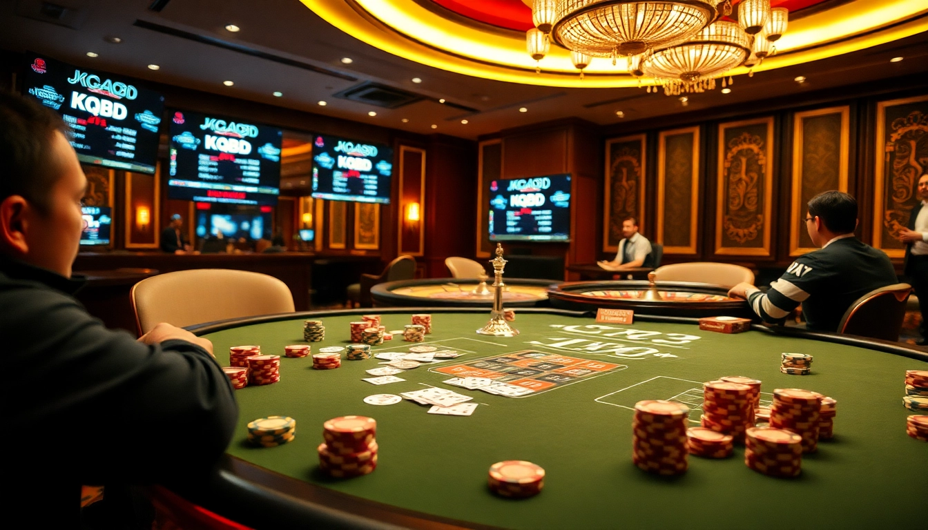A vibrant casino scene featuring players engaged in poker, with kqbd updates on screens in the background enhancing the excitement.
