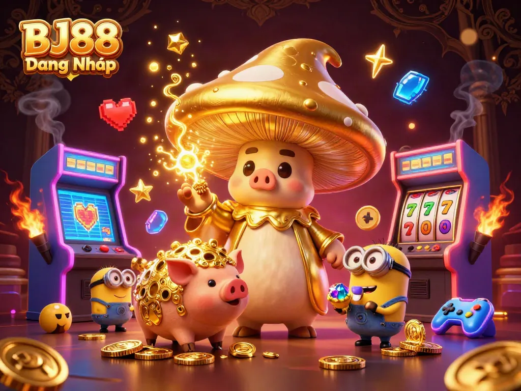 Engage in thrilling gameplay with BJ88 Đăng Nhập featuring vibrant characters and electrifying casino elements.