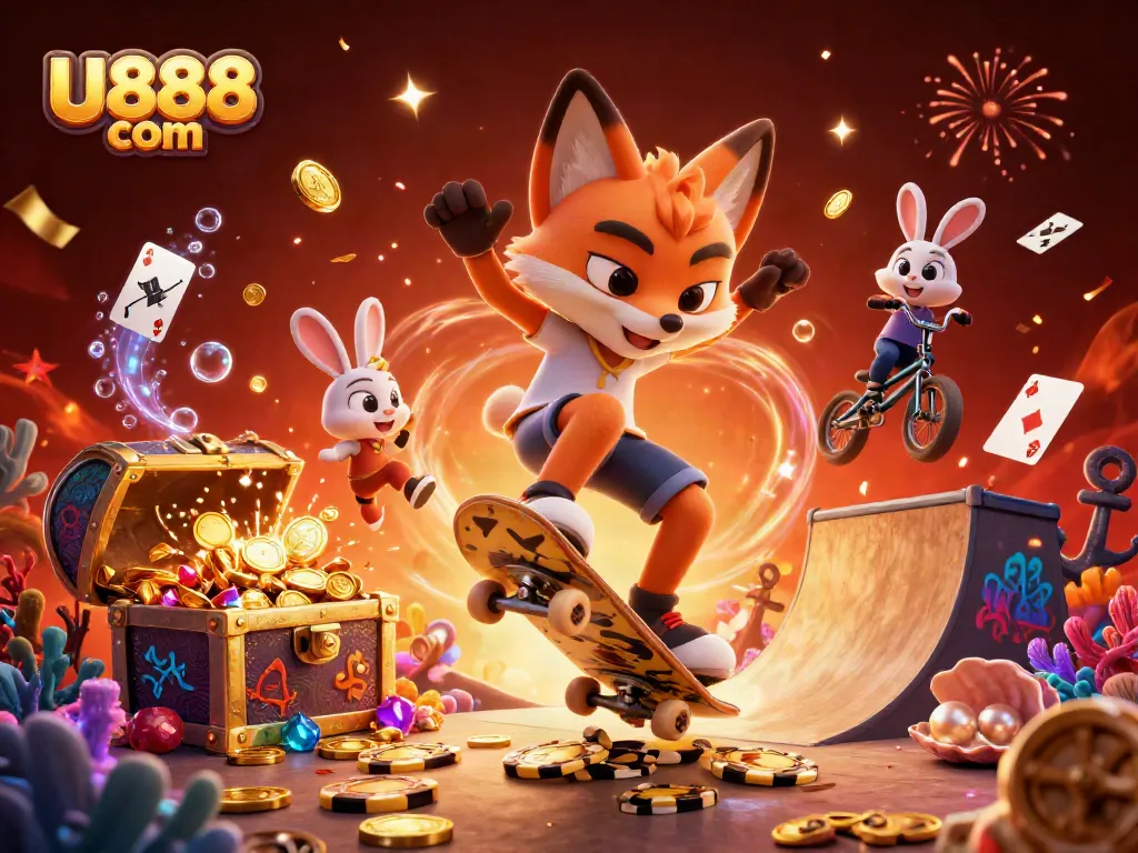 Engage with U888 com through a vibrant casino-themed 3D illustration of fun characters and dynamic elements.