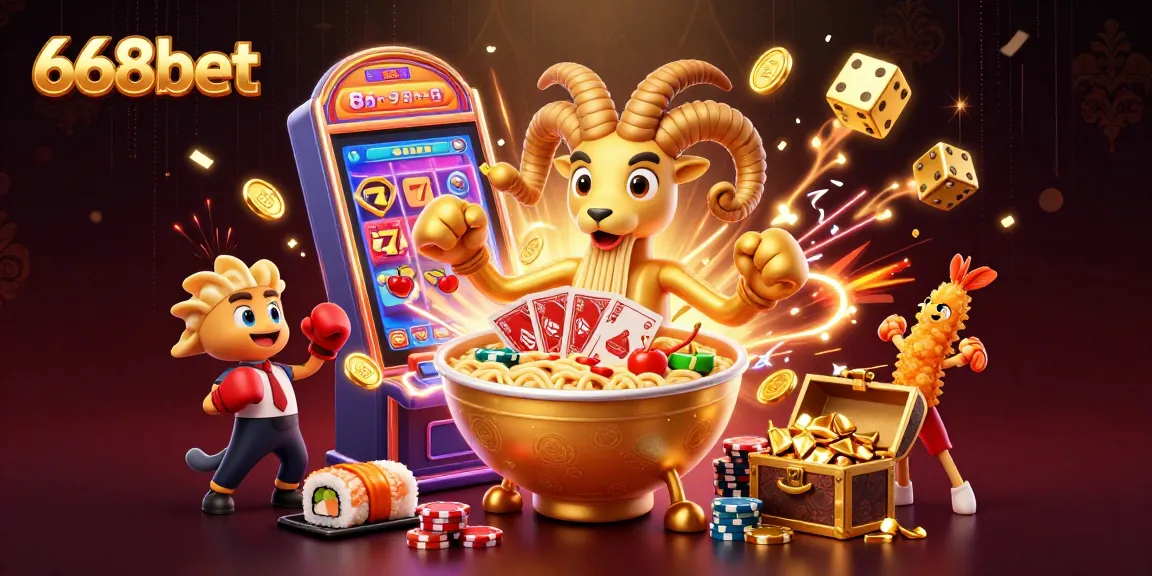 Play at 668bet featuring a lively casino scene with dynamic characters and vibrant game elements.