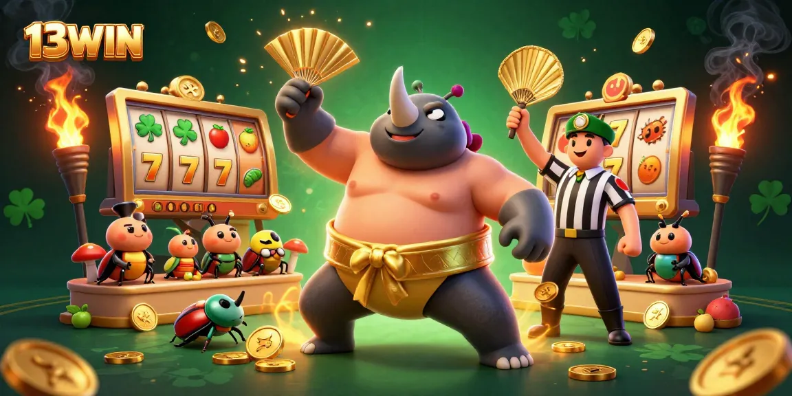 Engage in thrilling action at 13WIN with a lively 3D sumo scene showcasing vibrant slot elements and coins.
