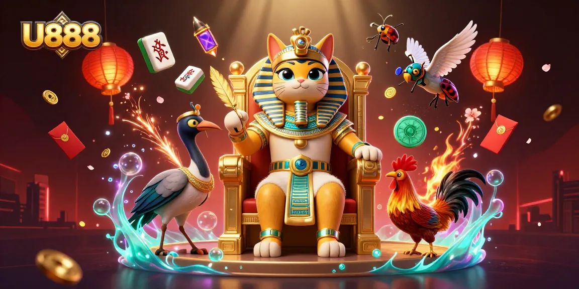 U888 engages in thrilling cockfighting action with a 3D Egyptian pharaoh cat and dynamic game elements.