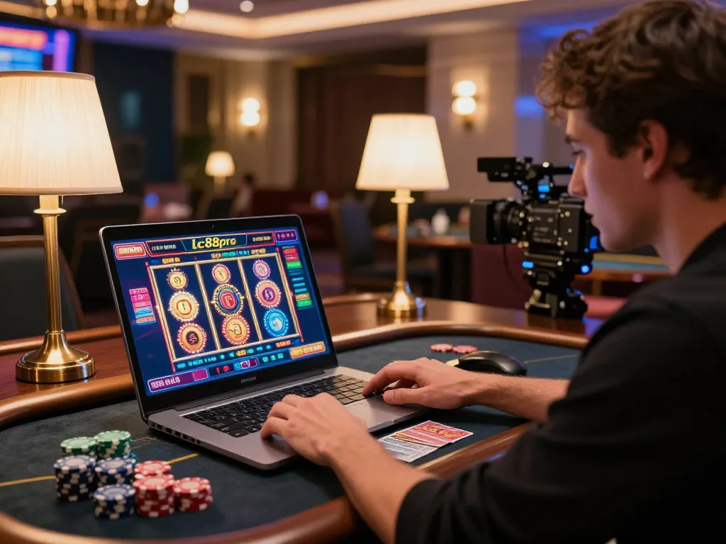 Person immersed in online gaming at lc88pro with vibrant slots displayed on laptop
