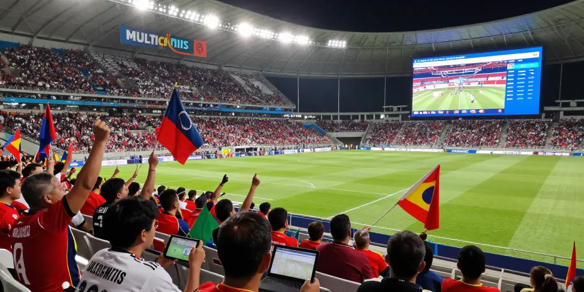 Exciting live soccer match scene showcasing fans celebrating and streaming with Multicanais.