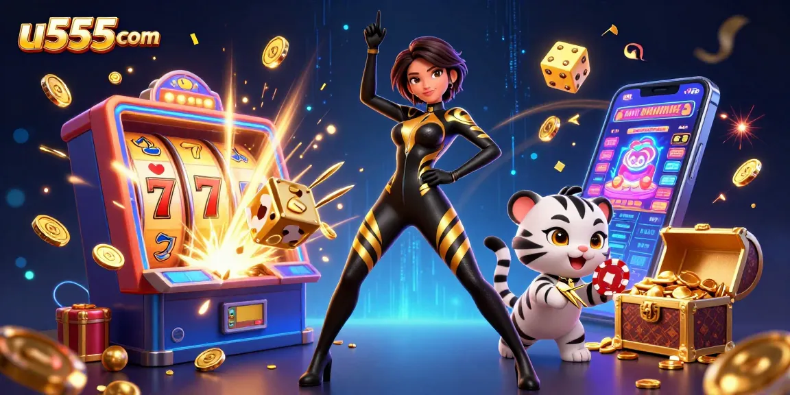 Engage with u555com’s exciting casino world featuring slot machines and energetic characters.