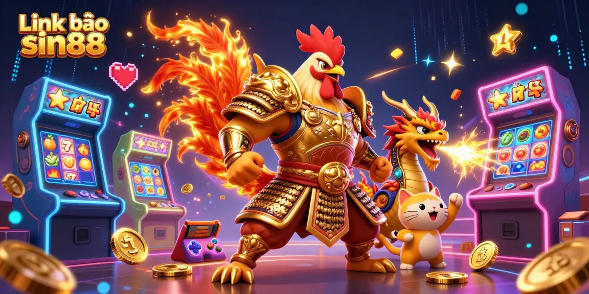 Play on Link vào sin88 with a vibrant scene of characters including a rooster warrior and dragon hatchling in a lively casino.