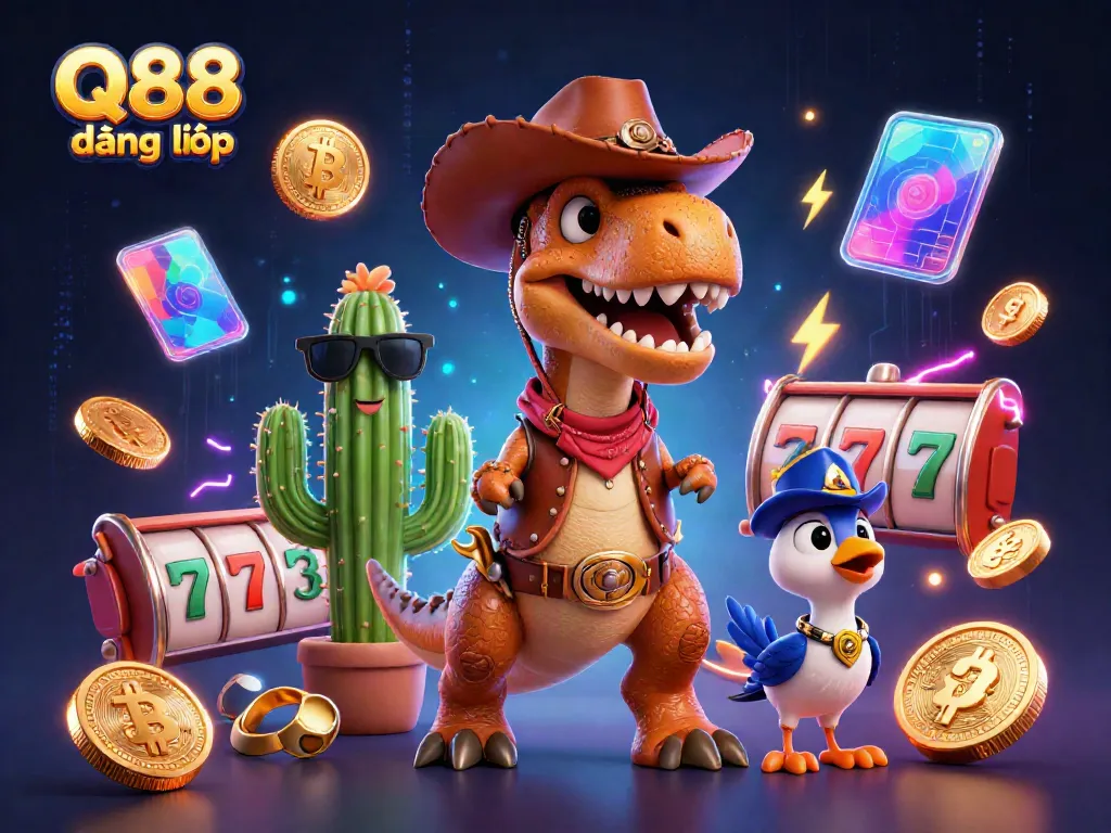 Experience Q88 đăng nhập with an energetic scene featuring a cowboy dinosaur, cactus, and roadrunner amidst vibrant casino elements.