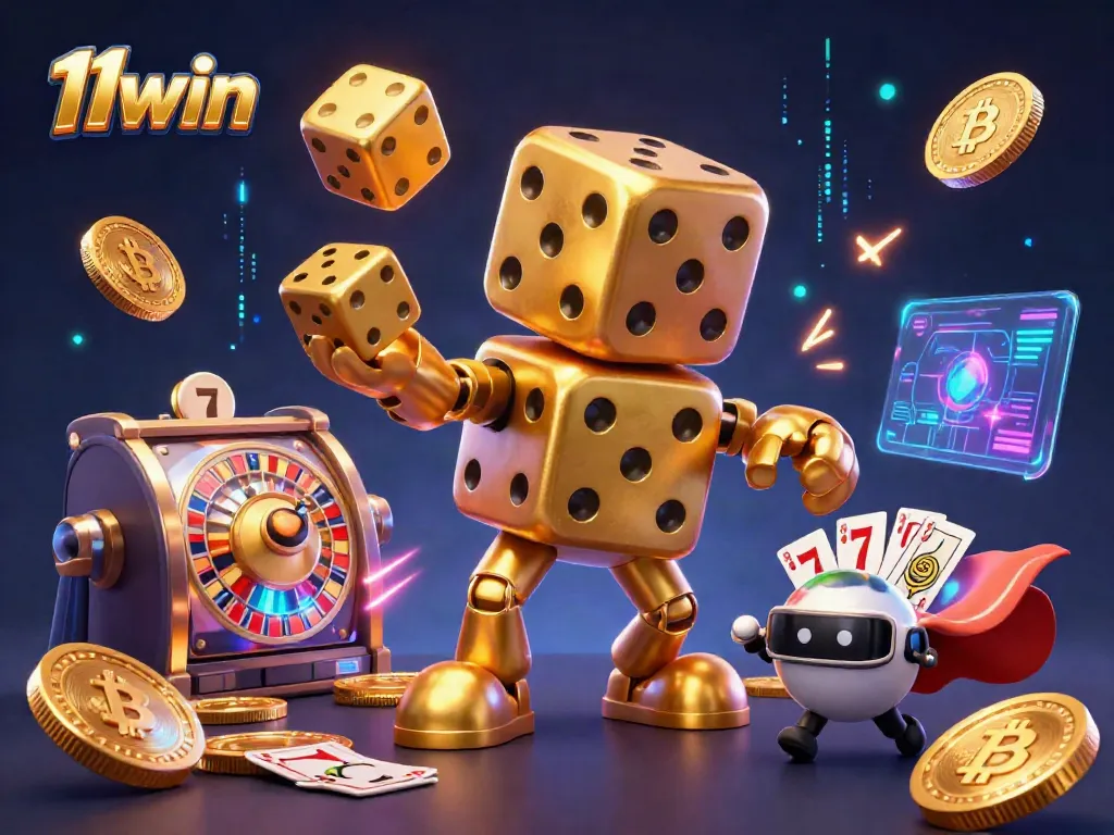 Experience the excitement of 11win with a golden dice golem juggling golden dice, surrounded by vibrant casino elements.