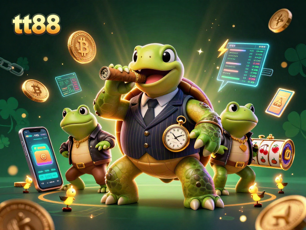 Engage with tt88's vibrant casino scene showcasing a snapping turtle, bullfrog enforcers, and crypto elements.