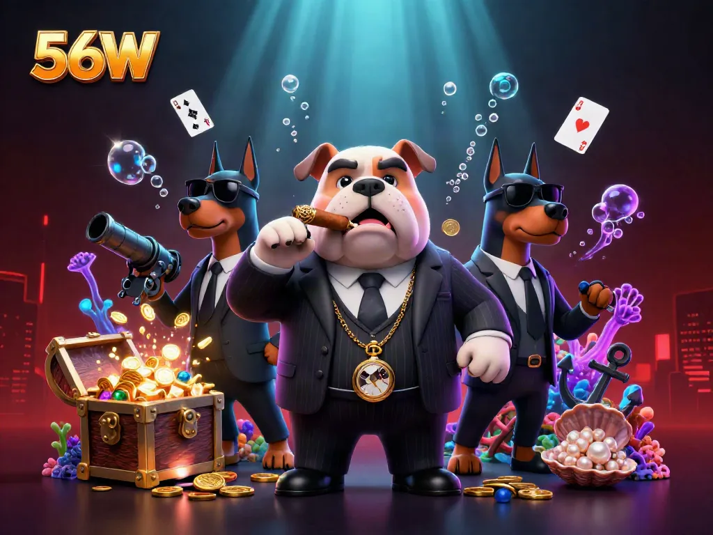 Engage with 56W's vibrant casino theme featuring a mafia bulldog boss and his Doberman guards showcasing dynamic gambling action.