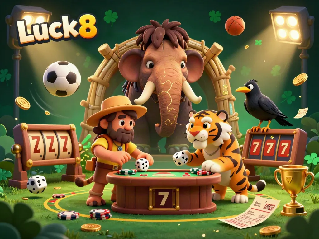 Experience the thrill at Luck8's prehistoric casino with cavemen managing slot reels and sports actions.
