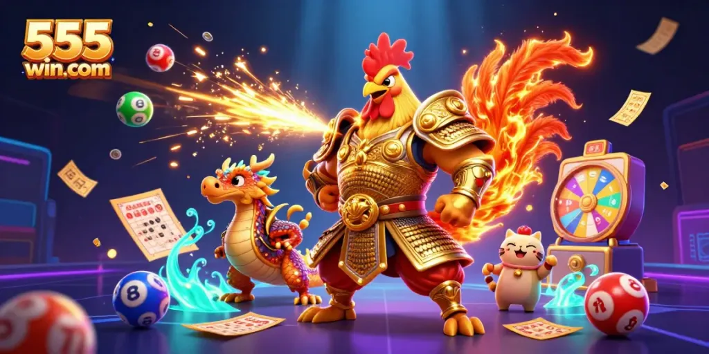 Experience thrilling gaming action with 555win com at center stage, featuring unique characters and vibrant game elements.