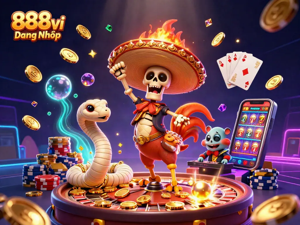 Spin the reels with 888vi Đăng Nhập as the festive mariachi rooster celebrates wins in a vibrant casino scene.