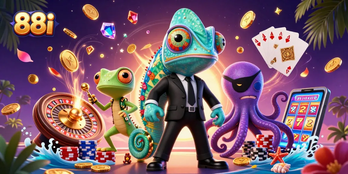 88i enhances casino excitement with a dynamic scene of a secret agent chameleon, colorful poker chips, and a 3D roulette wheel.