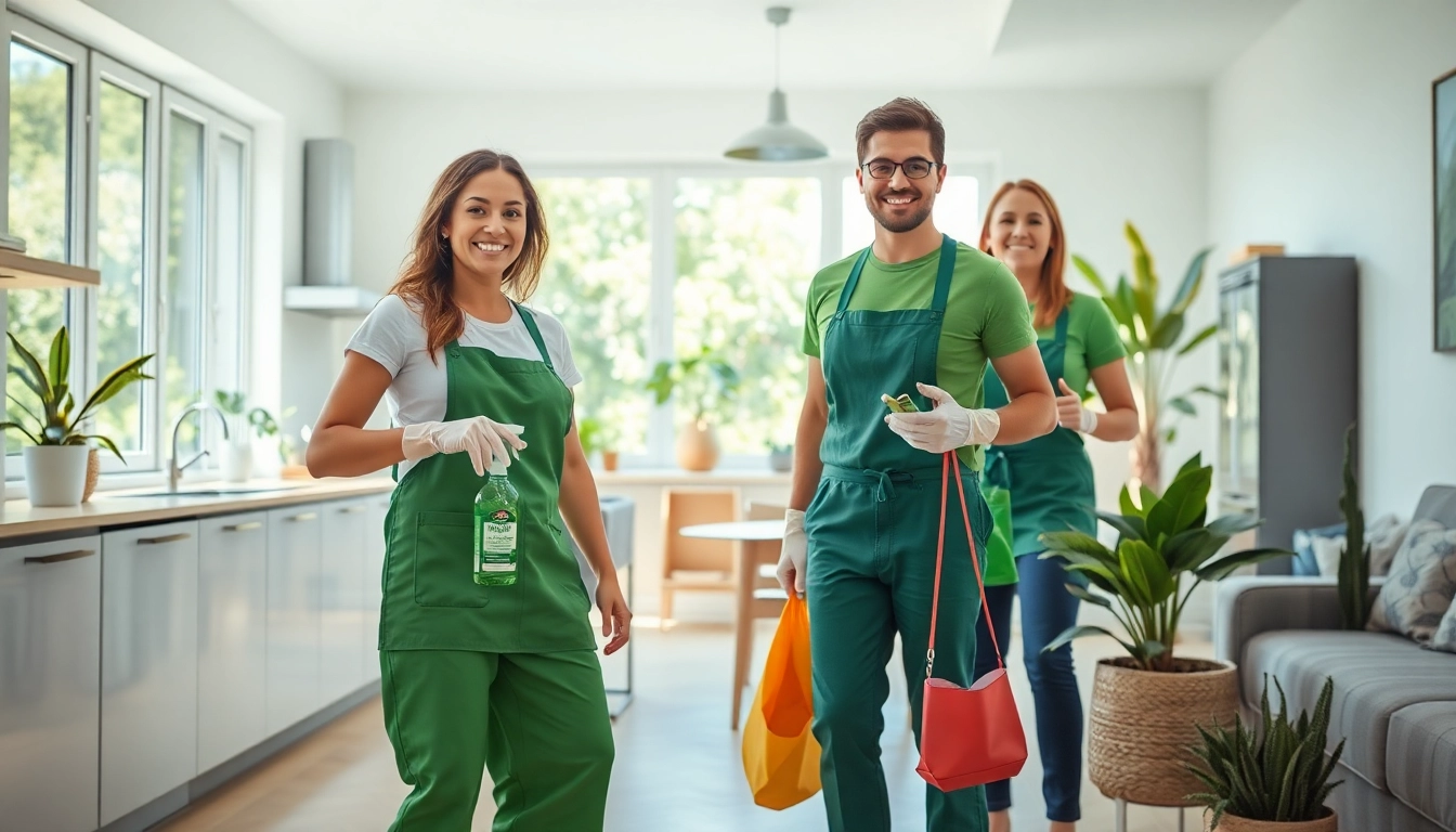 Showcase eco friendly cleaning services with a professional cleaning team in a bright home setting.