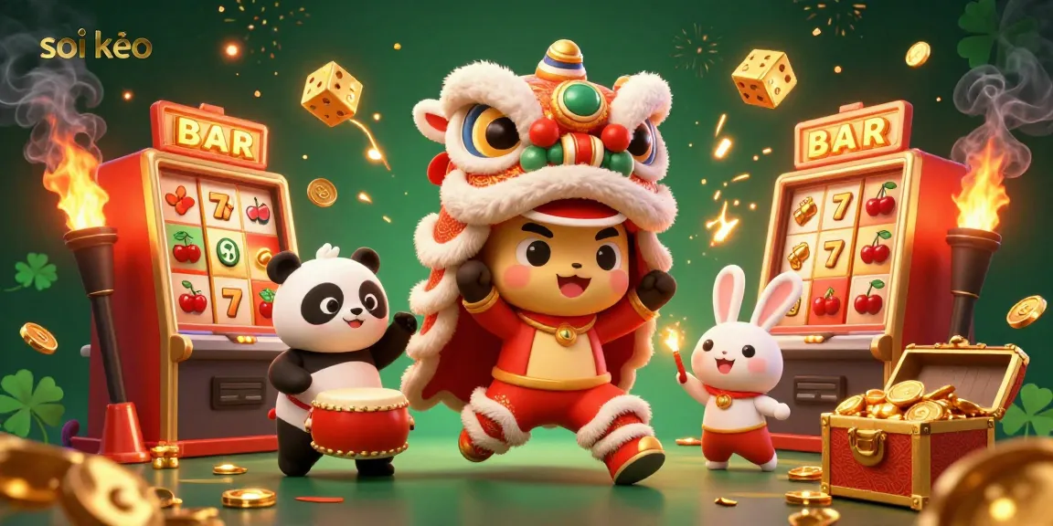 Soi kèo showcases a vibrant casino scene with lion dance, slot machines, and colorful game elements.