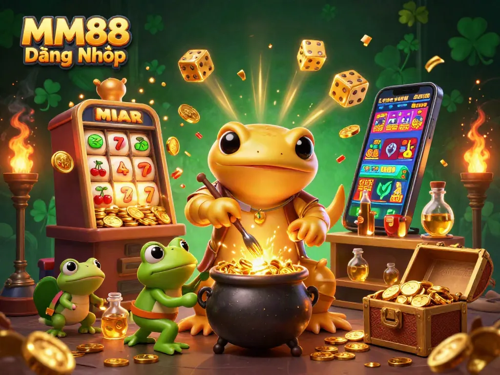 Engage with MM88 Đăng Nhập through a dazzling 3D illustration showcasing casino elements and golden treasures.