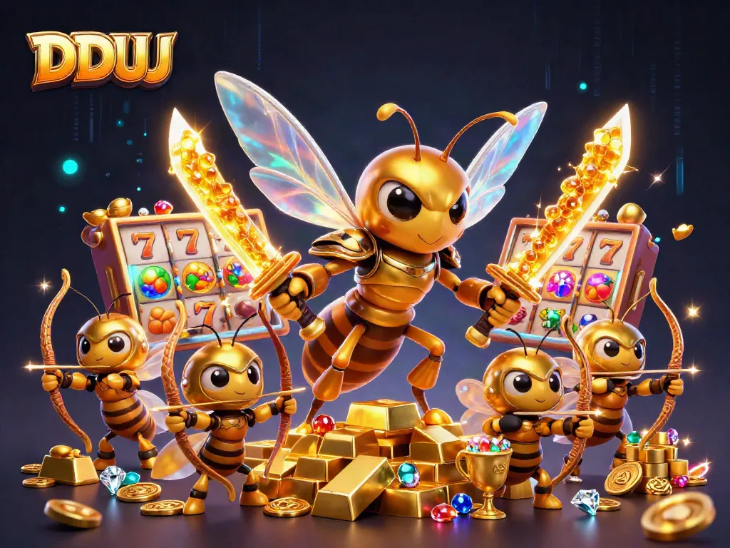Engage in thrilling gameplay with DDUU, featuring a lively 3D hornet samurai in a vibrant casino setting.