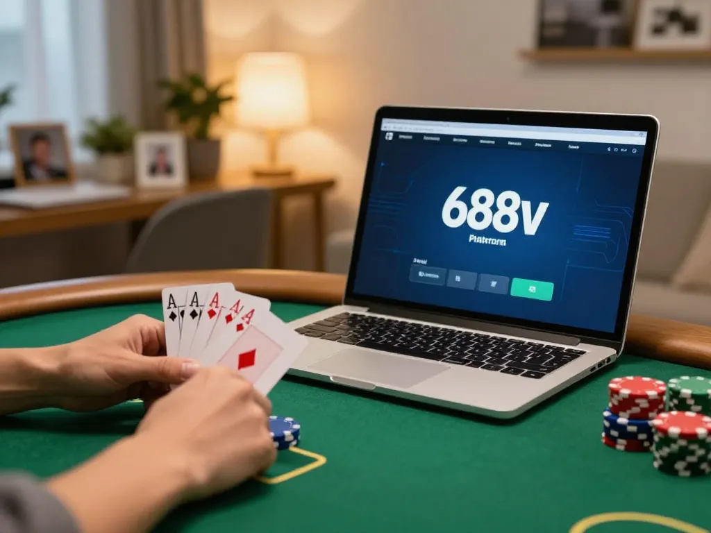 Engaging online poker gameplay on 688v with cozy home office setting and chips ready.