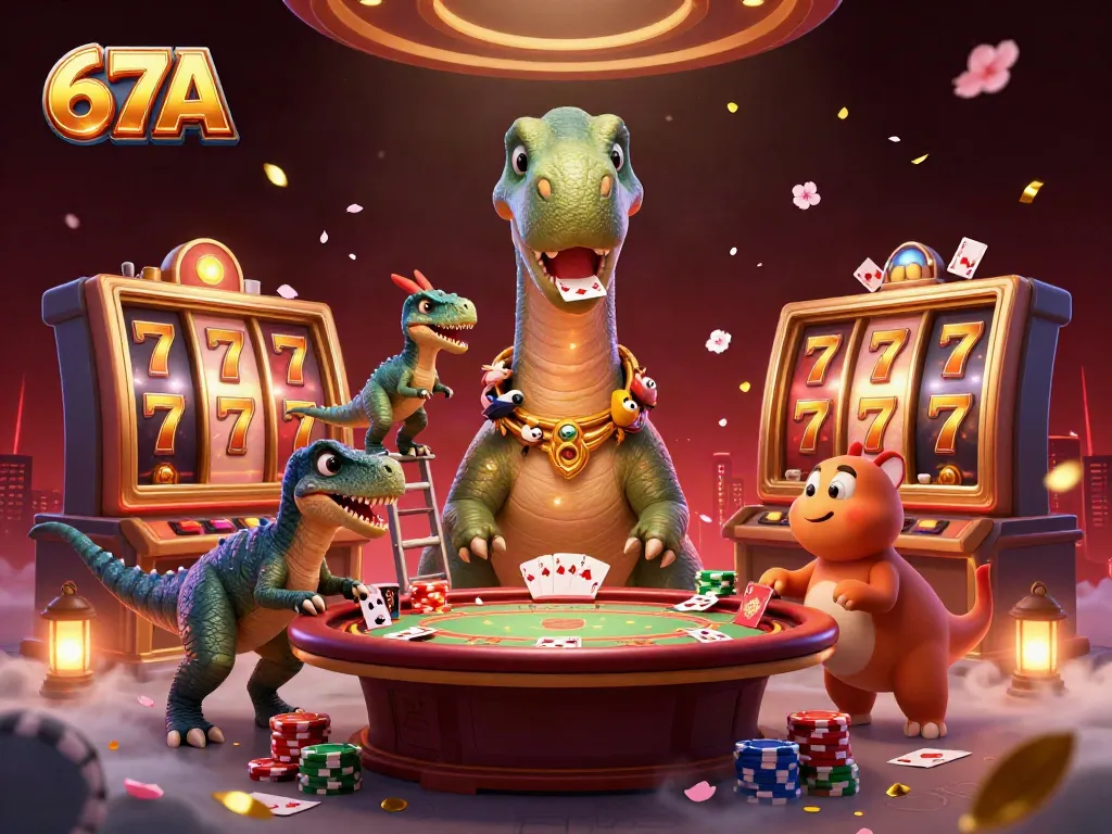 Experience the excitement of 67A with a playful casino illustration featuring a brontosaurus and raptor dealers.