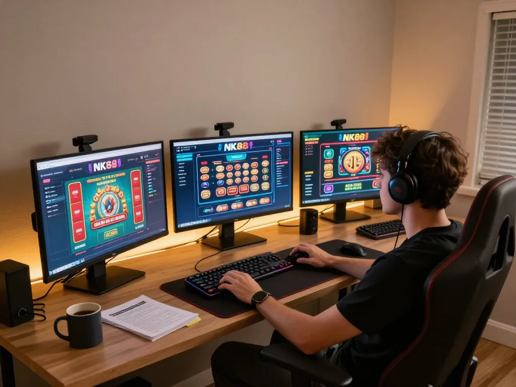 Player exploring NK88 web with multiple screens in a cozy home gaming setup.