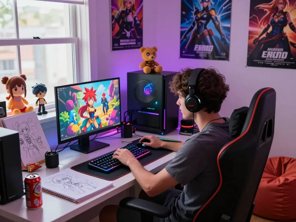 Engaged player enjoying an adult game on a laptop in a cozy studio with character designs and immersive atmosphere.