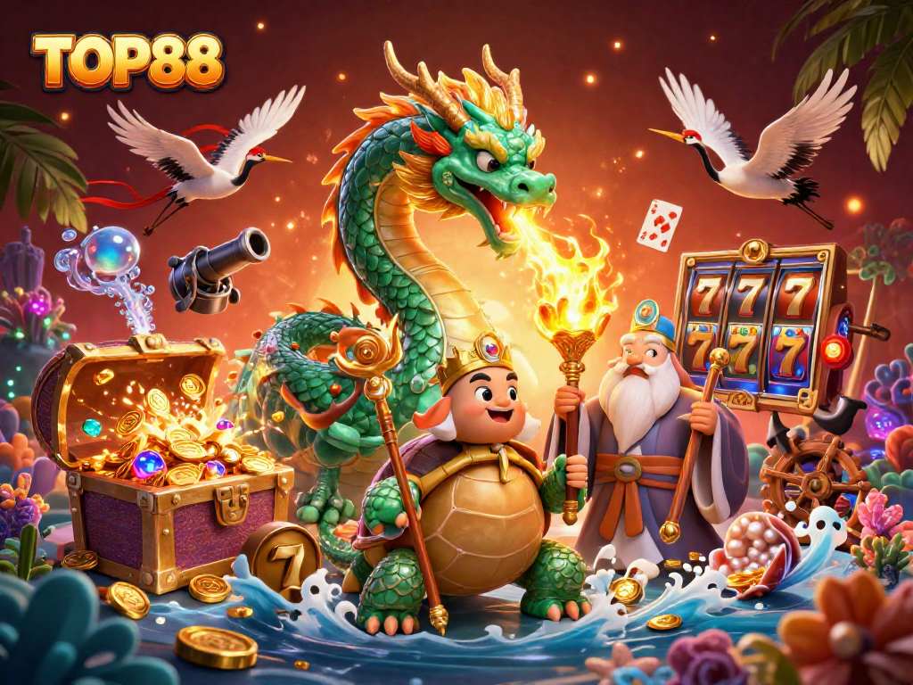 Engage with TOP88 as the emerald jade dragon unleashes golden fire in this dynamic casino illustration.