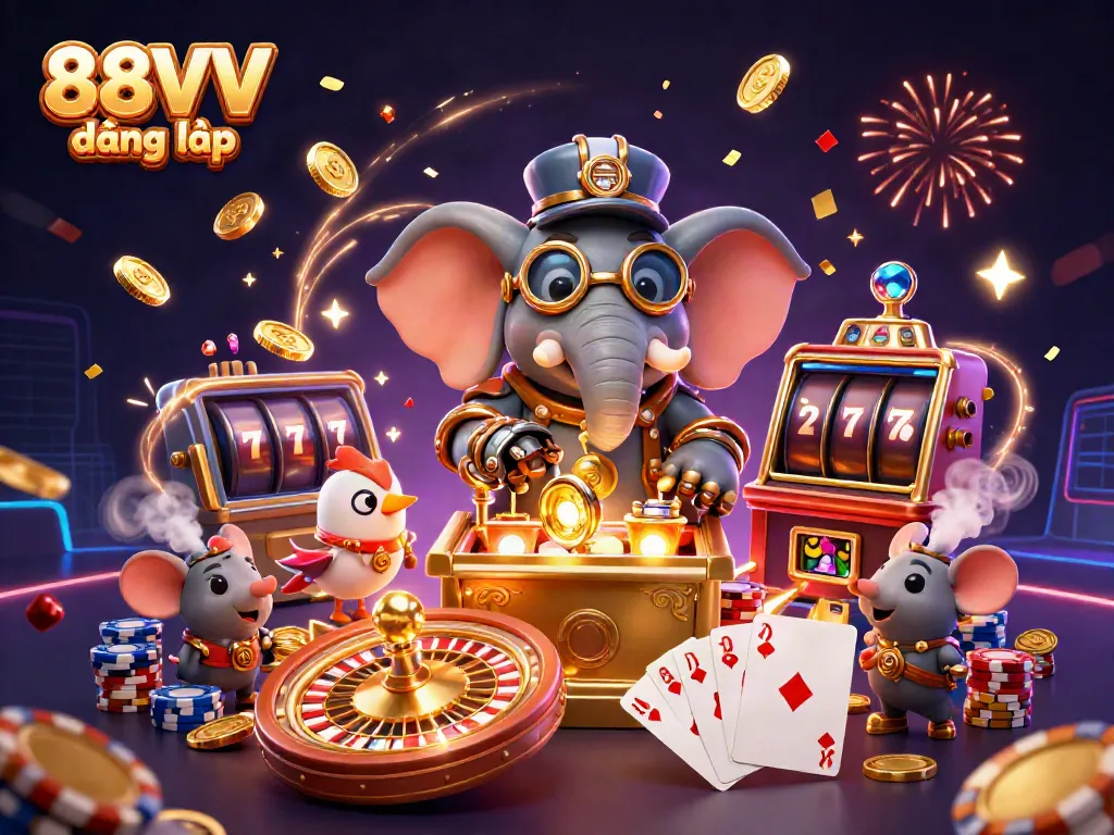 Experience the excitement at 88VV đăng nhập, where the carnival of gaming bursts into action with animated characters and vibrant casino elements.