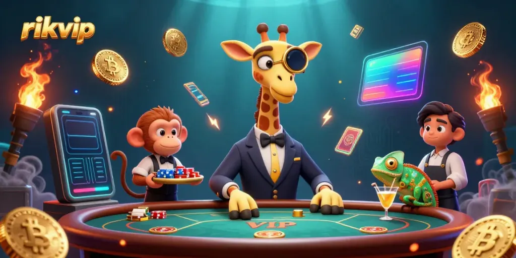 Play Rikvip at a vibrant casino scene with characters and digital gaming elements