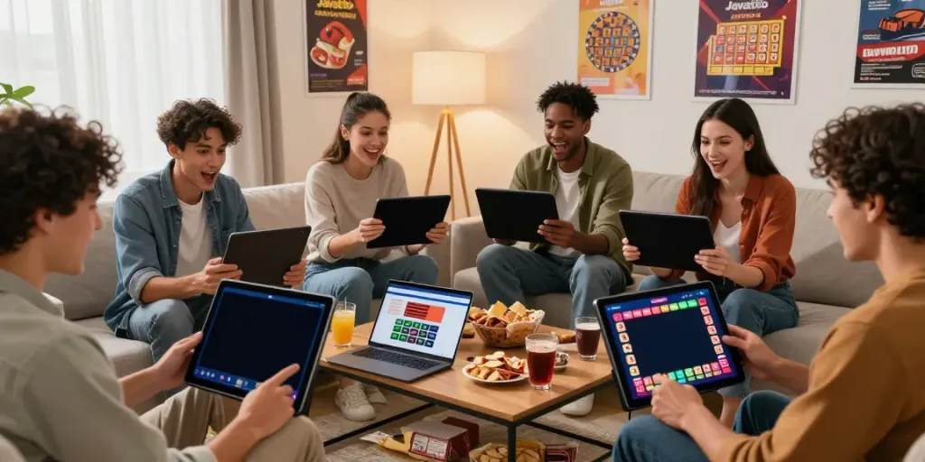 Grupo de pessoas jogando na plataforma Javatoto com smartphones e tablets em sala de estar moderna.
